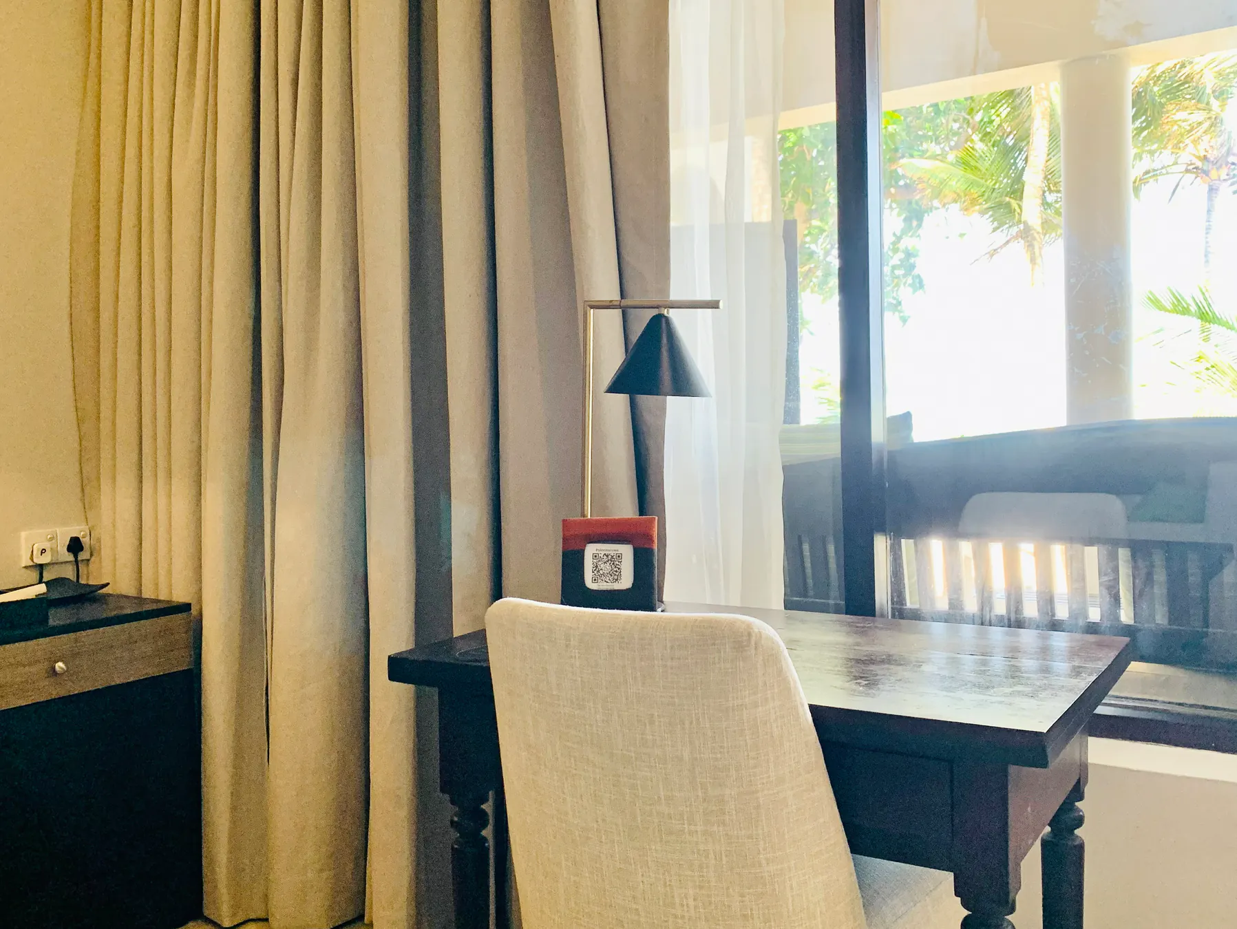 Deluxe Double writing desk beside the balcony doors
